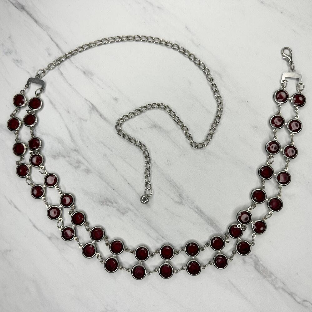 Red Rhinestone Silver Chain Belt Double Strand OS ✨
